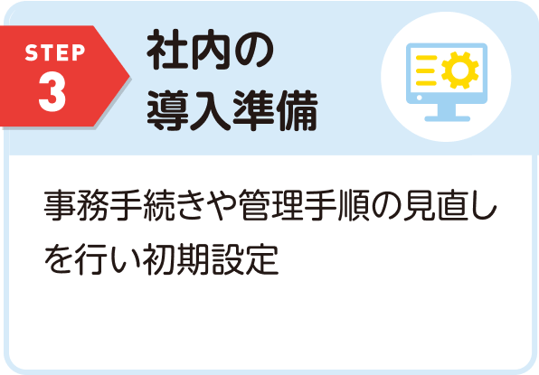 STEP3 社内の導入準備 事務手続きや管理手順の見直しを行い初期設定